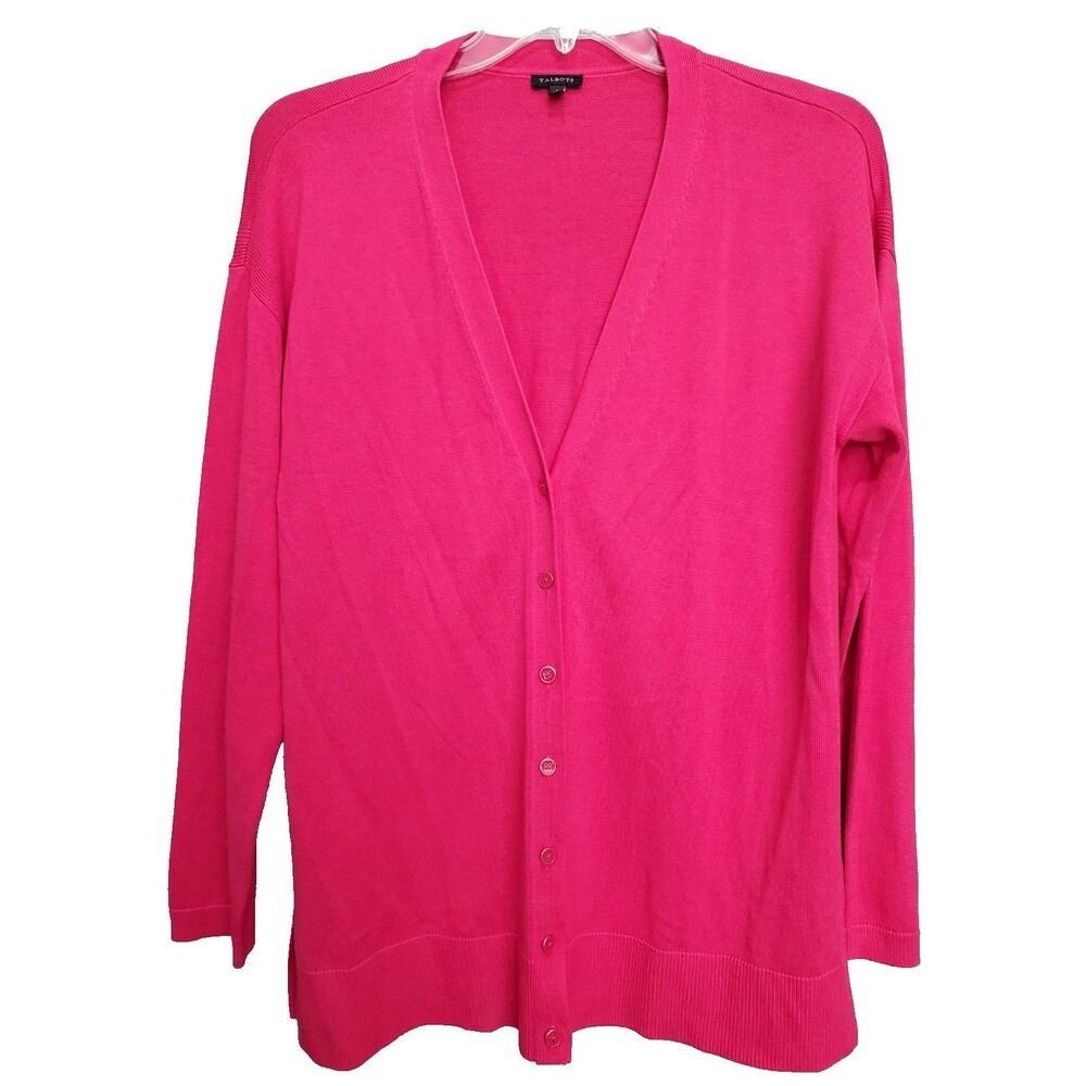Talbots Pink Cotton Blend Long Sleeve Longline Button-Up Cardigan Sweater Size L